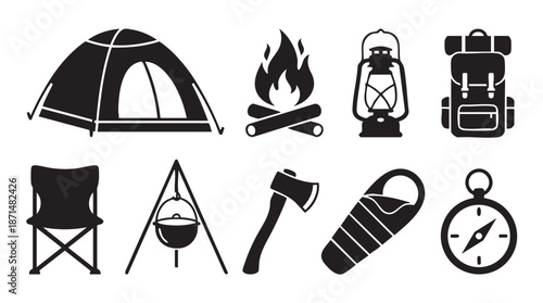 Camping icons and outdoor adventure symbols