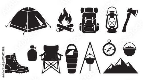 Camping icons and travel equipment on white background
