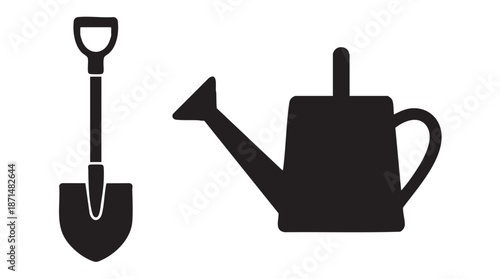 Gardening tools icons, shovel and watering can silhouette