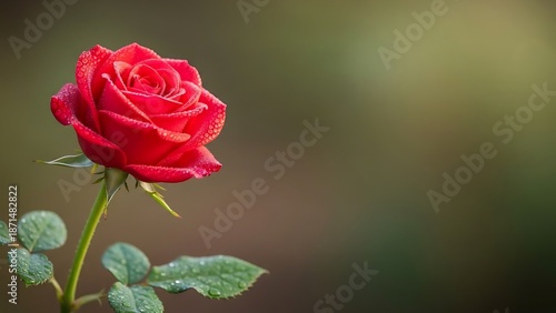 A single red rose with dew drops on its petals and leaves in a serene garden environment