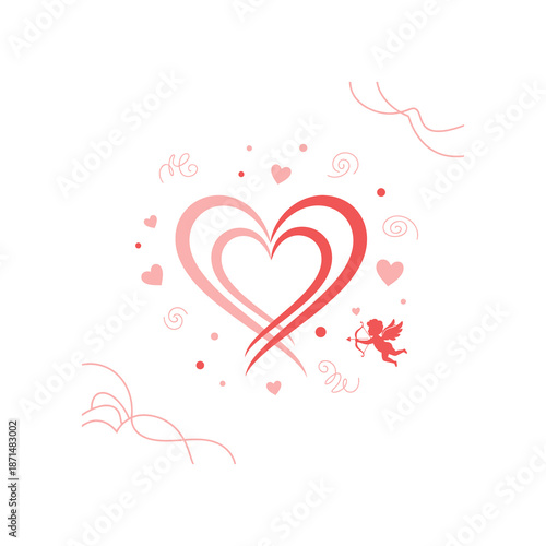 Pink Page Heart Page Caught Flying Cherub on White Background Illustration