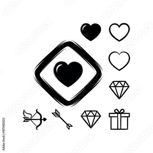 Valentine's Day icons set with hearts, diamonds, and gifts