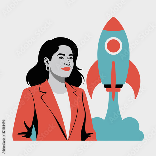 Confident Businesswoman with Launching Rocket – Symbolic Illustration of Startup Growth and Female Leadership
