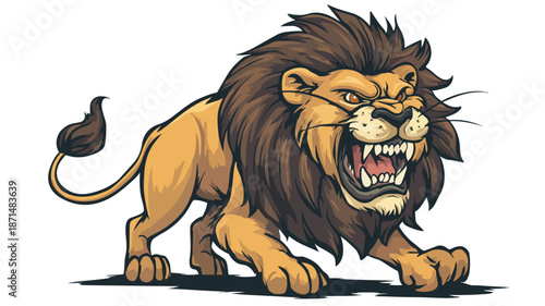 Ferocious Lion Cartoon Vector with Outline on White Background