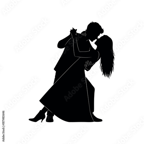 Couple dancing tango together in a romantic embrace and passionate pose silhouette