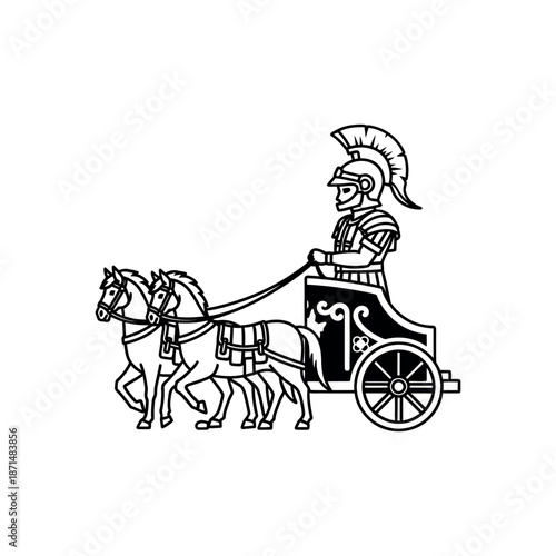 Roman warrior riding chariot drawn by horses in ancient battle scene illustration