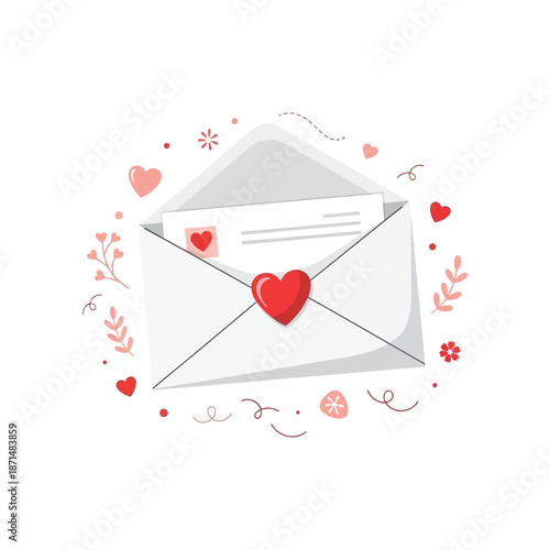 An illustration of an open envelope with hearts and flowers around it on a white background.