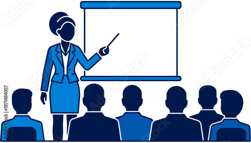 Businesswoman Giving Presentation to Audience – Corporate Training or Seminar Illustration in Blue Tones
