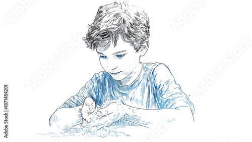 Boy Washing Hands Vector Illustration with Outline Design Isolated on White Background