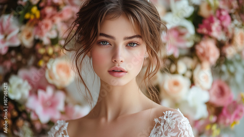 Young woman with messy updo hairstyle against floral background, romantic bridal beauty concept with soft natural makeup and lace dress