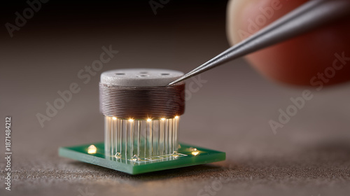 LED semiconductor component with tweezers during assembly process, electronic circuit board manufacturing and microelectronics production concept