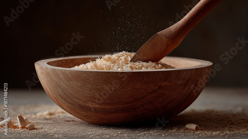 Wooden bowl filled with white rice and wooden spoon, Asian cuisine ingredient preparation with falling grains on rustic surface