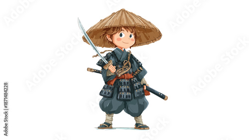 Young Boy in Samurai Costume Holding Sword Vector Illustration