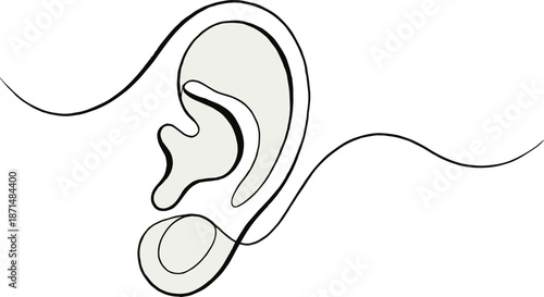 Stylized human ear line drawing, anatomical sketch with flowing curves, abstract hearing symbol, decorative contour art, flat vector illustration