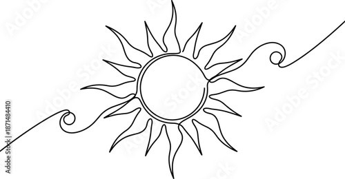 Stylized sun with swirling rays, decorative solar icon, symmetrical radiant design, artistic celestial motif, summer symbol, flat vector illustration