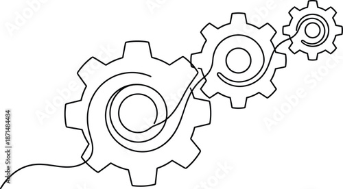 Three interconnected gears with spiral centers, flowing mechanical motion sketch, teamwork system icon, process design art, flat vector illustration