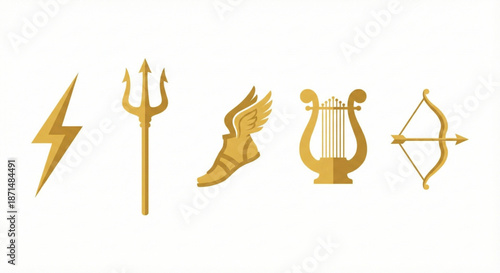 Golden mythological symbols representing power, travel, music, and warfare on a white background