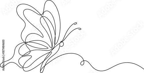 Butterfly continuous line drawing, minimalist insect artwork, abstract nature design, elegant flight illustration, modern decorative symbol, simple vector art, flat vector illustration