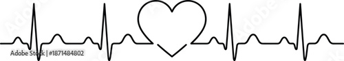 Heart with ECG line drawing, medical cardiology artwork, heartbeat health design, romantic love symbol illustration, flat vector artwork