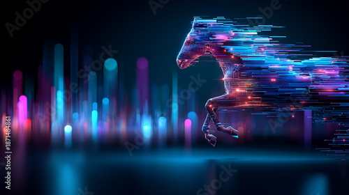 Digital glitch effect poster CNY, 2026 cyberpunk Chinese New Year, neon horse futuristic city, background modern tech celebration, innovative design display , with copy space