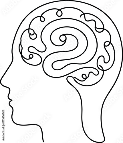 Human head with swirling brain lines, cognitive complexity symbol, mental activity sketch, minimalist thought design, profile art, flat vector illustration