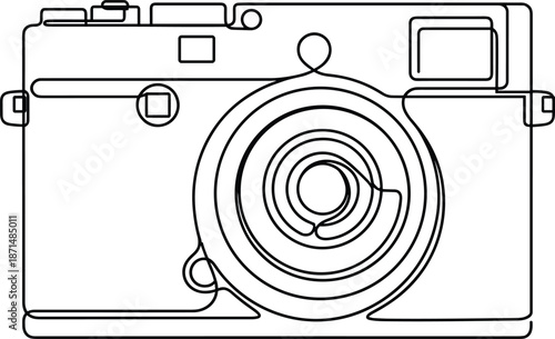Minimalist camera line drawing, compact lens sketch, modern photography icon, continuous outline style, artistic tech design, flat vector illustration