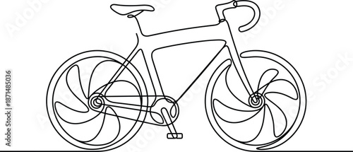 Minimalist single line bicycle drawing, abstract bike sketch, swirling wheels, modern cycling art, continuous line style, flat vector illustration