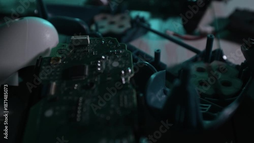 Fragments of a broken gamepad are scattered carelessly on the table.