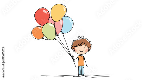 Happy Cartoon Boy Holding Colorful Balloons Vector Illustration