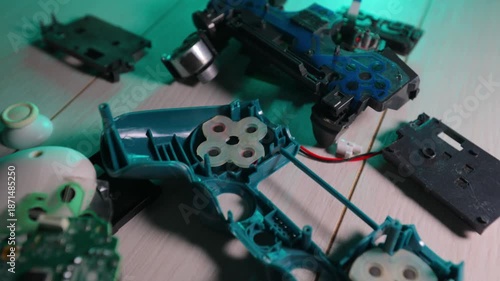 The parts from the game joystick are on the table.