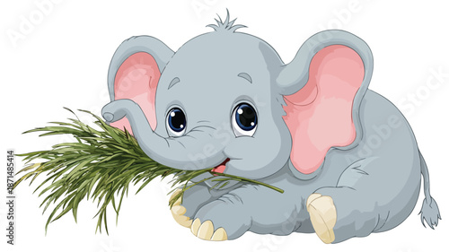 Adorable Baby Elephant Cartoon Eating Grass Vector Illustration