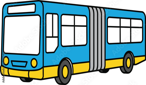A bright blue and yellow articulated city bus with gray accents and black wheels on a white background
