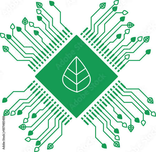 Green tech innovation concept with circuit board and tree leaves isolated on white background