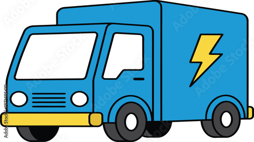 Blue delivery truck with yellow lightning bolt symbol on side and yellow bumper Keywords: truck,... cargo