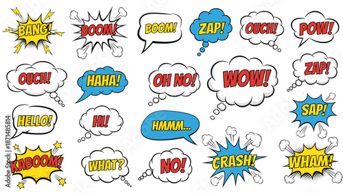 Comic Book Speech Bubbles Set with Pop Art Expressions Wow Bam Sale OMG Wow and Cool for Social Media Marketing Design