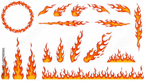Cartoon red flame. Fire flames, hot fireball, danger wildfire campfire and bonfire elements, fire frames and flaming borders isolated vector set