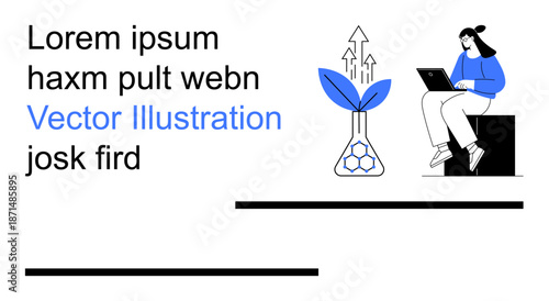 Growth, innovation, sustainability, education, technology, research. Blue plant sprouting from a lab flask and a person using a laptop. Growth and innovation concept