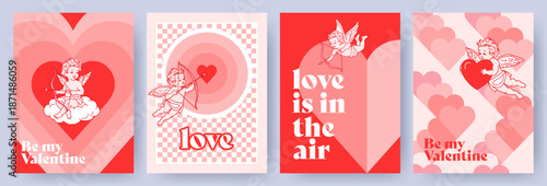 Creative concept of Happy Valentines Day card set. Trendy art design with little Cupids, hearts, geometric shapes and typography. Templates for celebration, ads, branding, banner, cover, label, poster