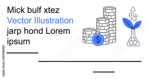 Finance, sustainability, investments, economic growth, renewable resources, eco-innovation. Stacked coins, dollar symbol plant sprouting from flask. Finance and sustainability