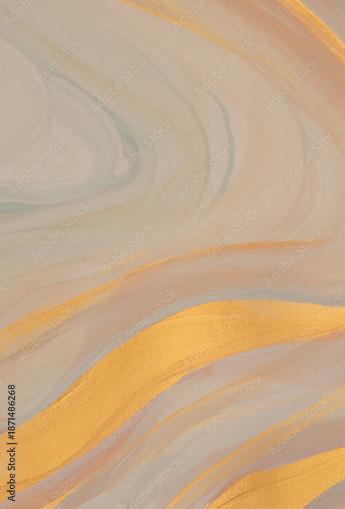 Obraz premium Art Acrylic Wave line hand drawn brush stroke smear blot painting wall. Abstract marble texture background. Glow Gold, beige pastel neutral tone.