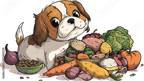 Adorable Cartoon Dog Surrounded by Variety of Food Items - Vector Illustration