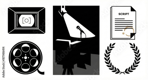 Visual Elements Representing Movie Making, Theatrical Arts, Script Development, and Recognition