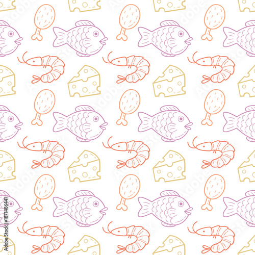 Hand drawn seamless food pattern with fish shrimp cheese and meat icons.