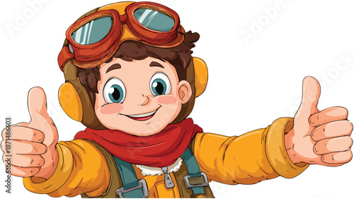 Cheerful Cartoon Young Pilot Giving Thumbs Up Gesture with Outline, Isolated Vector Illustration