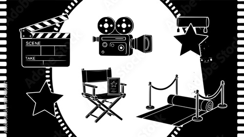 Movie cinema film production icons set with clapperboard camera director chair star and red carpet vector illustration
