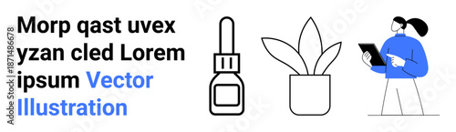 Wellness, digital communication, eco-lifestyle, professionalism, skincare, technology. Minimalist graphics of a dropper, plant and person with a tablet. s wellness and digital communication