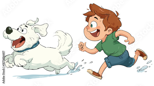 Playful Cartoon Dog Chasing Boy Vector Illustration on White Background