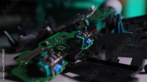 The parts of the out-of-order joystick are scattered on the table