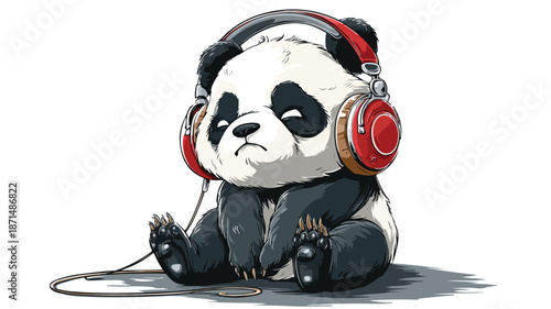 Cute Funny Panda Listening to Music Cartoon Vector with Outline
