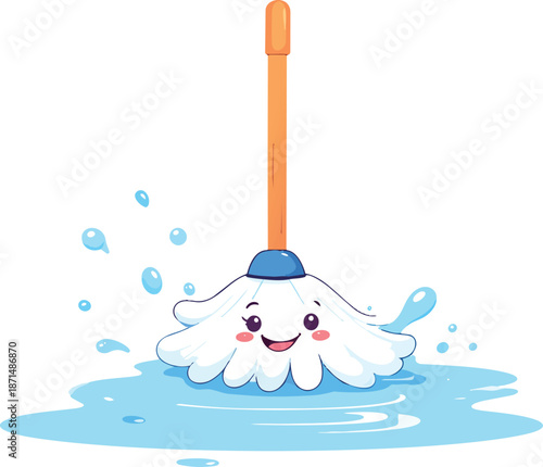 Cheerful Floor Mop Sliding Across Floor Leaving Wet Trail in Playful Cartoon Style Highlighting Cleaning Action, Fun Character, and Whimsical Design
